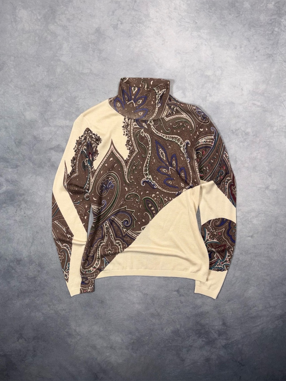 Etro Milano Vintage Cashmere Silk Paisley Panel High Neck Y2K Sweater